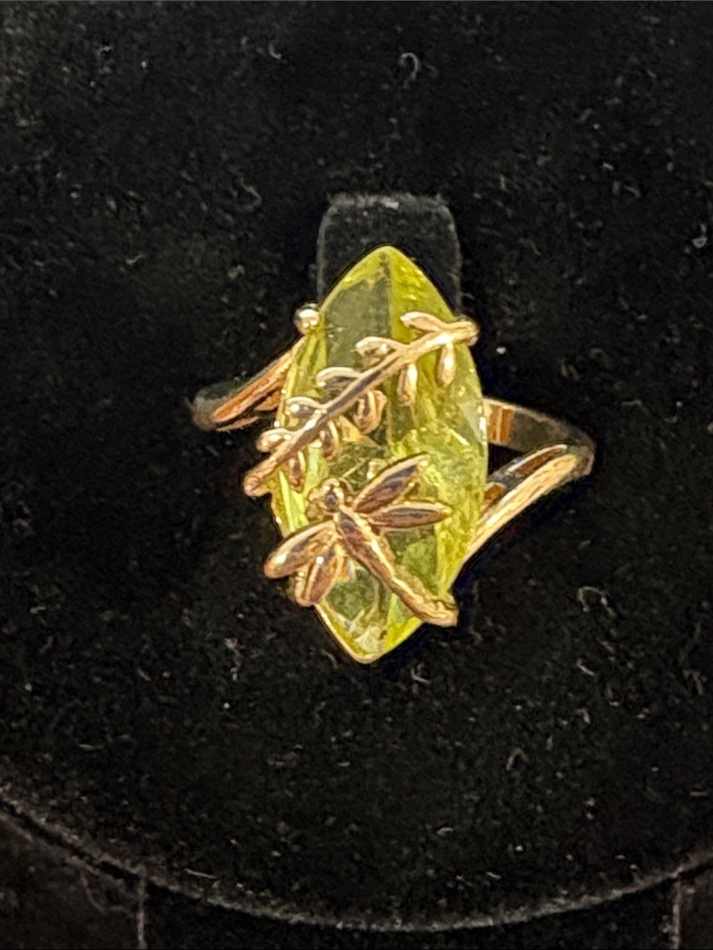 Gold Vermeil Dragonfly Accent Ring with Marquise Cut Peridot. Sterling Silver 8